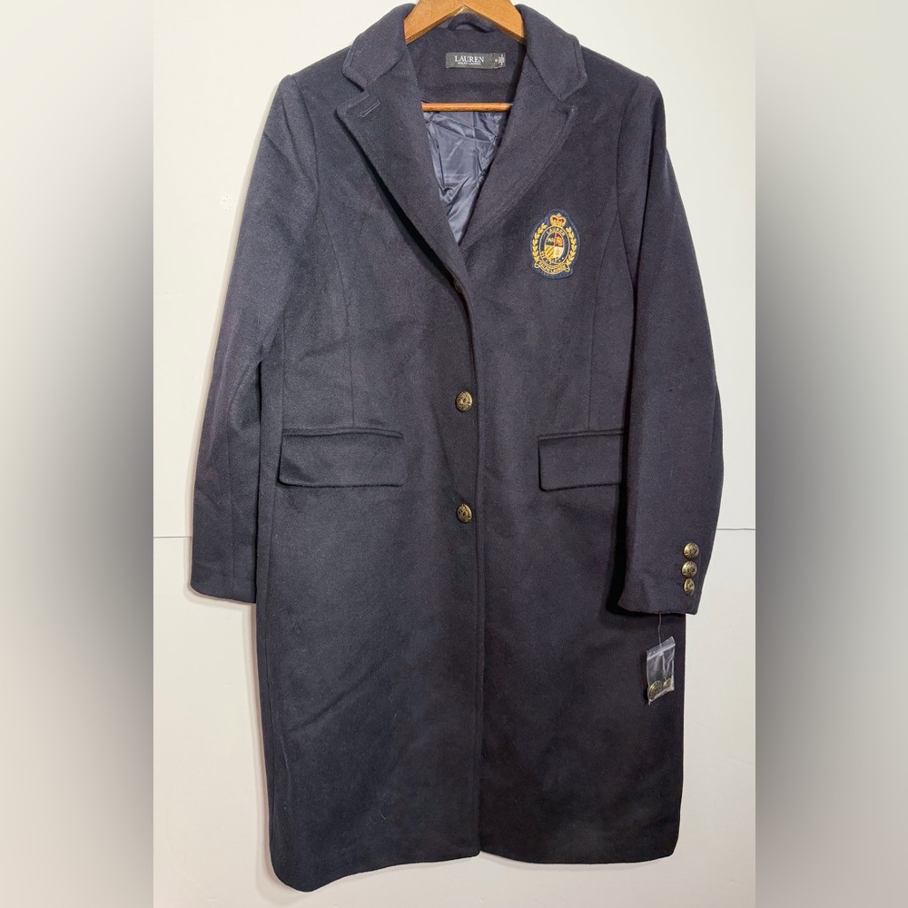 Lauren Ralph Lauren Classic Crest Patch Wool Blend Navy Winter Coat NWOT - Picture 2 of 16